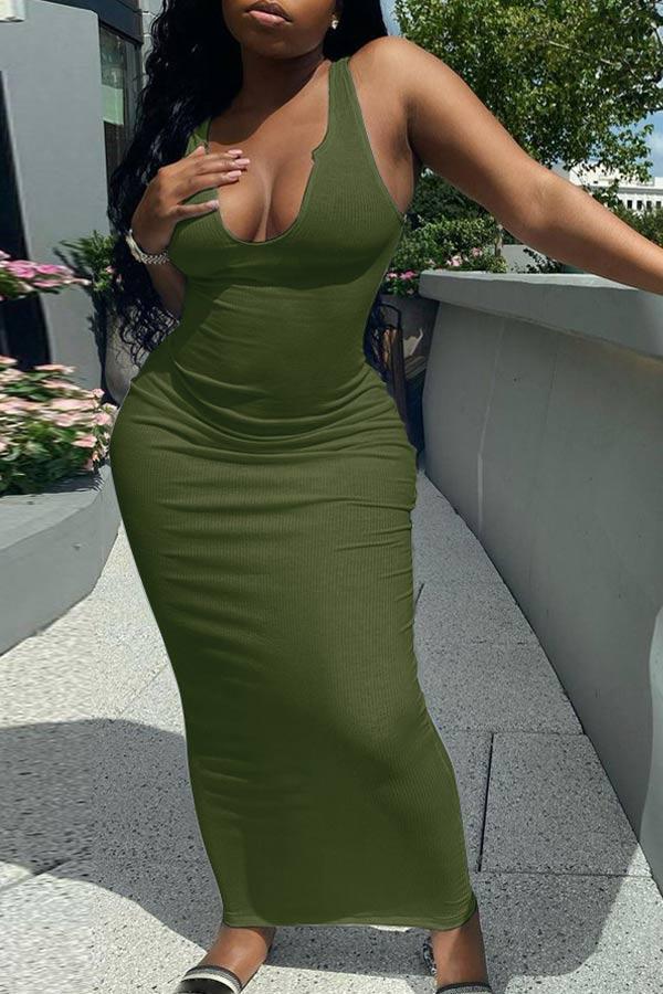Sexy Deep V Slim Solid Color Long Dress