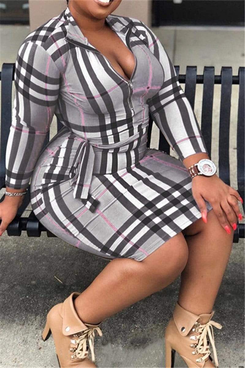 Sexy Fashion Plaid Long Sleeved Dress (With Belt)