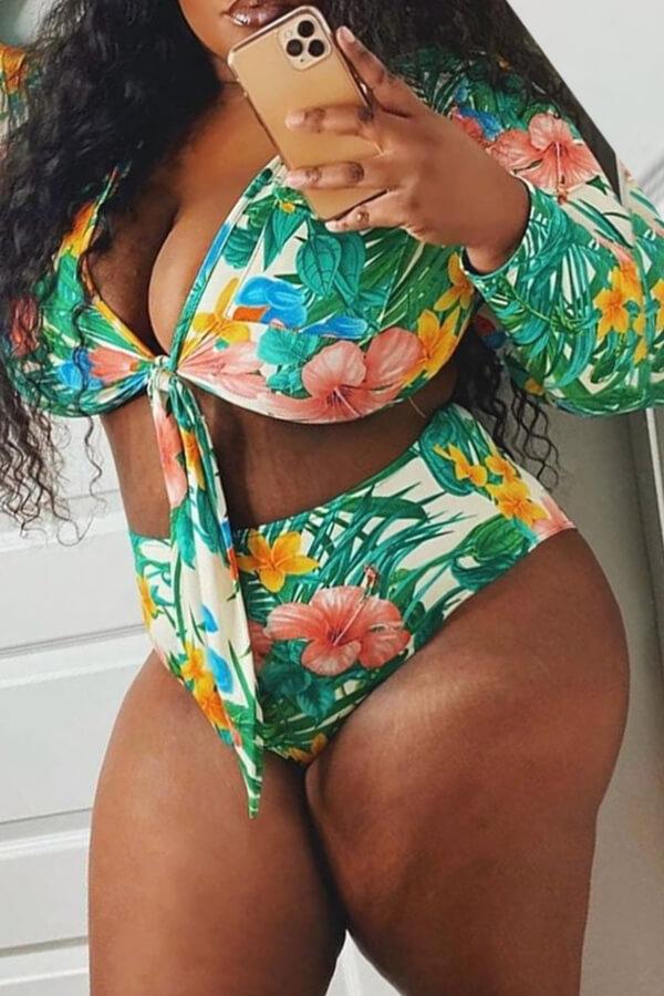 Sexy Flower Print Bandage Plus Size Swimwear