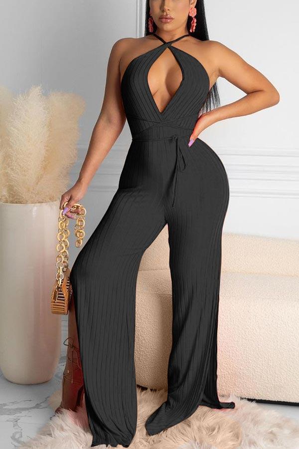 Sexy Halter Backless Wide Leg Solid Jumpsuits