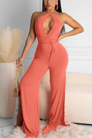 Sexy Halter Backless Wide Leg Solid Jumpsuits