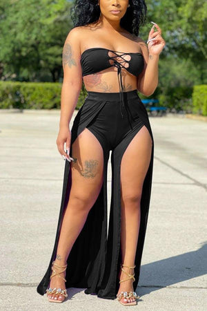 Sexy Lace Up Corset Split Trousers Set