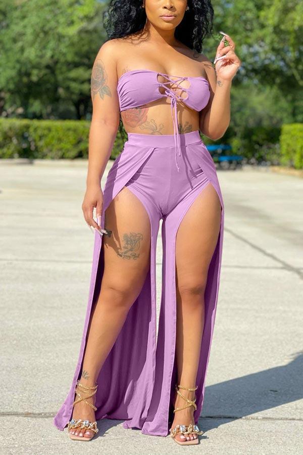 Sexy Lace Up Corset Split Trousers Set
