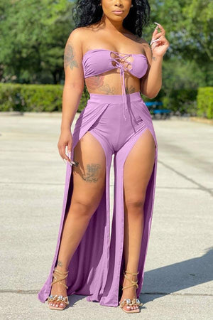 Sexy Lace Up Corset Split Trousers Set