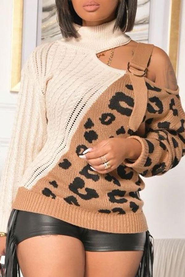 Sexy Leopard Webbing Split Joint Turtleneck Tops