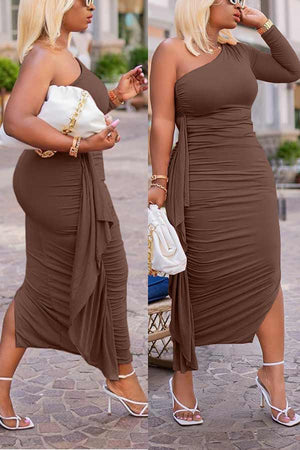 Sexy One Shoulder Solid Color Slim Frill Dress