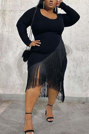 Sexy Plus Size Long Sleeve Tassel Dress