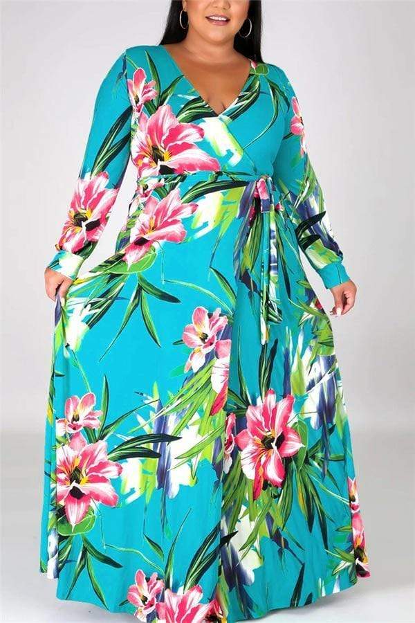 Sexy Plus Size Print Slit V Neck Printed Dress