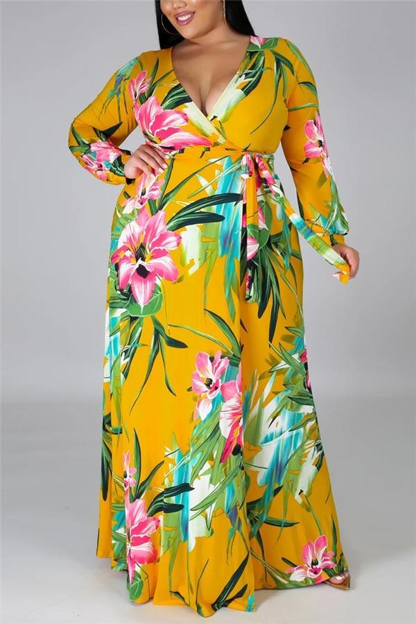 Sexy Plus Size Print Slit V Neck Printed Dress