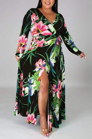 Sexy Plus Size Print Slit V Neck Printed Dress