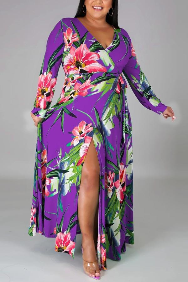 Sexy Plus Size Print Slit V Neck Printed Dress