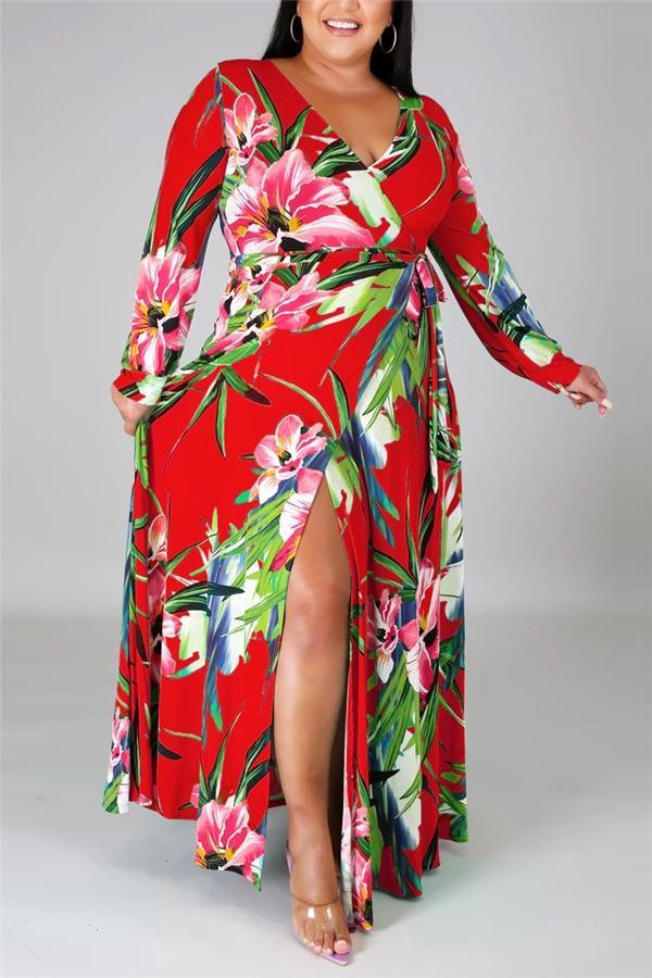 Sexy Plus Size Print Slit V Neck Printed Dress