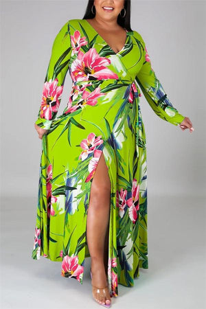 Sexy Plus Size Print Slit V Neck Printed Dress