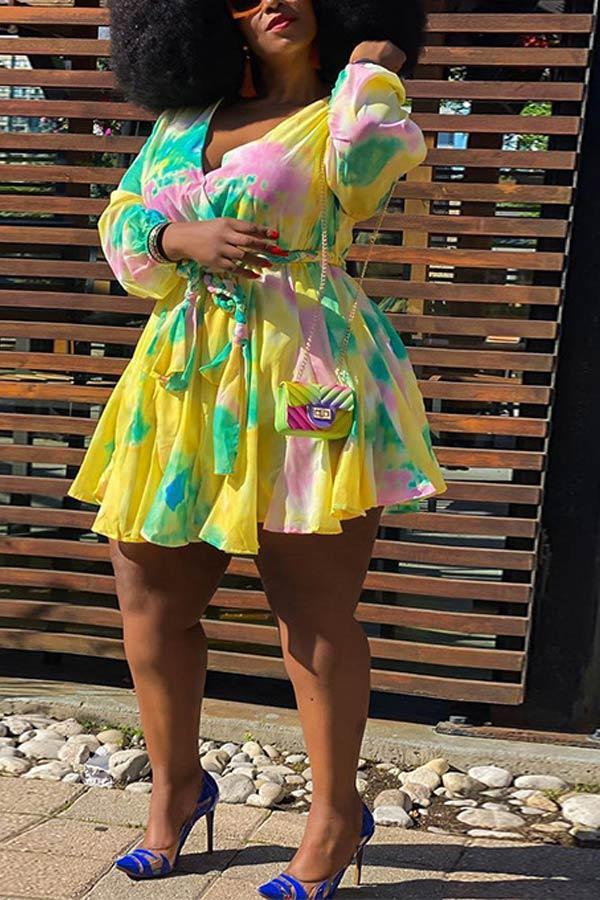 Sexy Plus Size Print With Belt A Line Dress