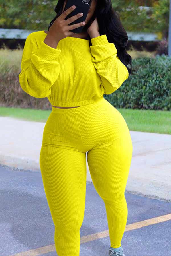 Sexy Plus Size Solid Sport Crop Top Pant Set