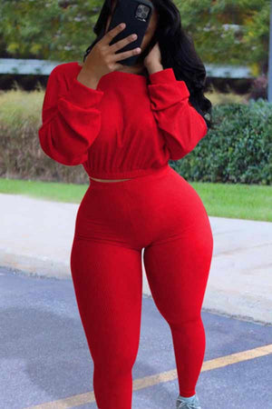 Sexy Plus Size Solid Sport Crop Top Pant Set