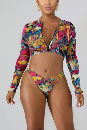 Sexy Print Zipper Design Swimsuit Set