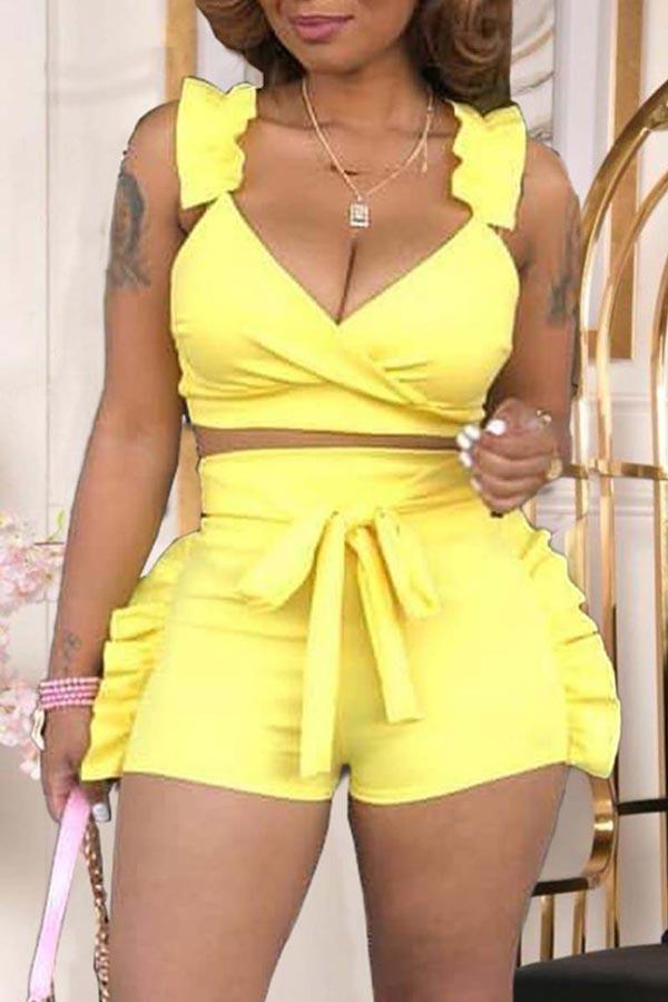 Sexy Sleeveless V Neck Solid Shorts Set