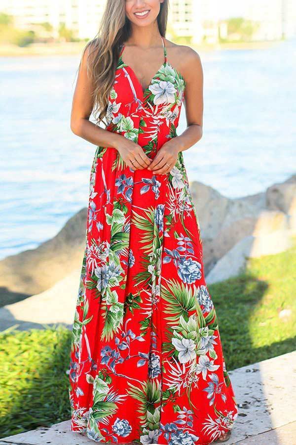 Sexy Sling V Neck Print Beach Maxi Dress