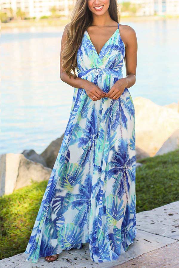 Sexy Sling V Neck Print Beach Maxi Dress