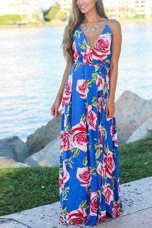 Sexy Sling V Neck Print Beach Maxi Dress