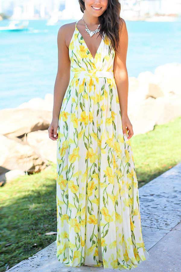 Sexy Sling V Neck Print Beach Maxi Dress