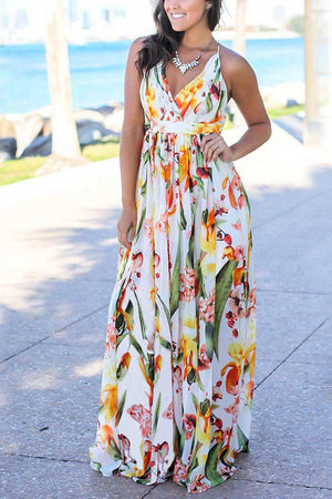 Sexy Sling V Neck Print Beach Maxi Dress