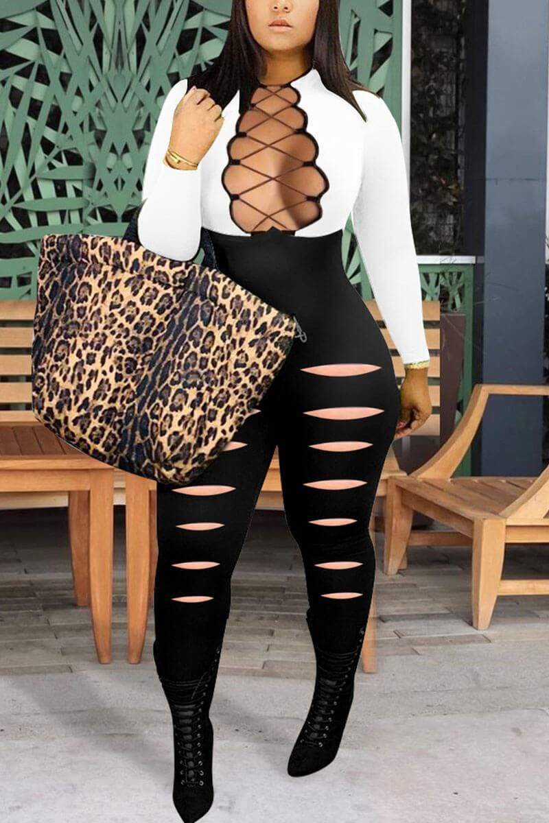 Sexy Solid Bandage Hollowed Out Plus Size Jumpsuit