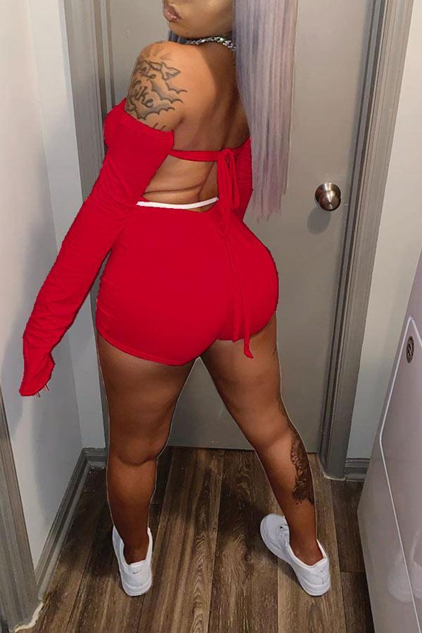 Sexy Solid Color Backless Lace Up Romper