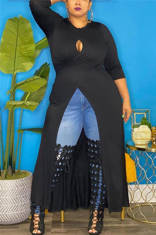 Sexy Solid Color Broken Hole Plus Size Top