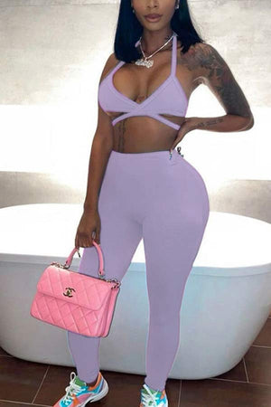 Sexy Solid Color Camisole Slim Trousers Set
