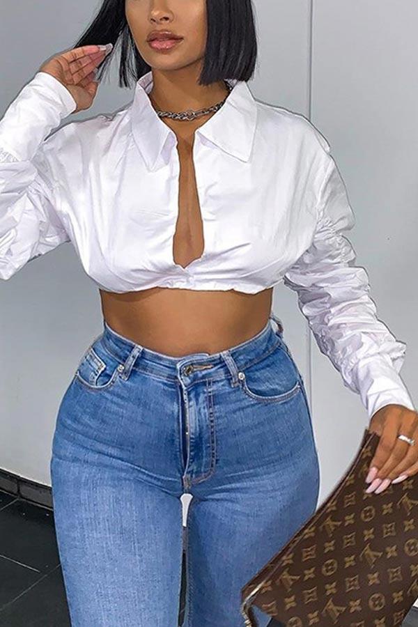 Sexy Solid Color Fold Turndown Collar Tops