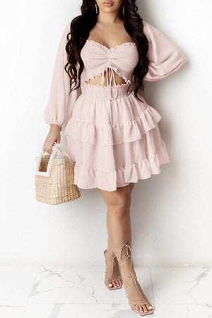 Sexy Solid Color Hollow Out Puff Sleeve Dress