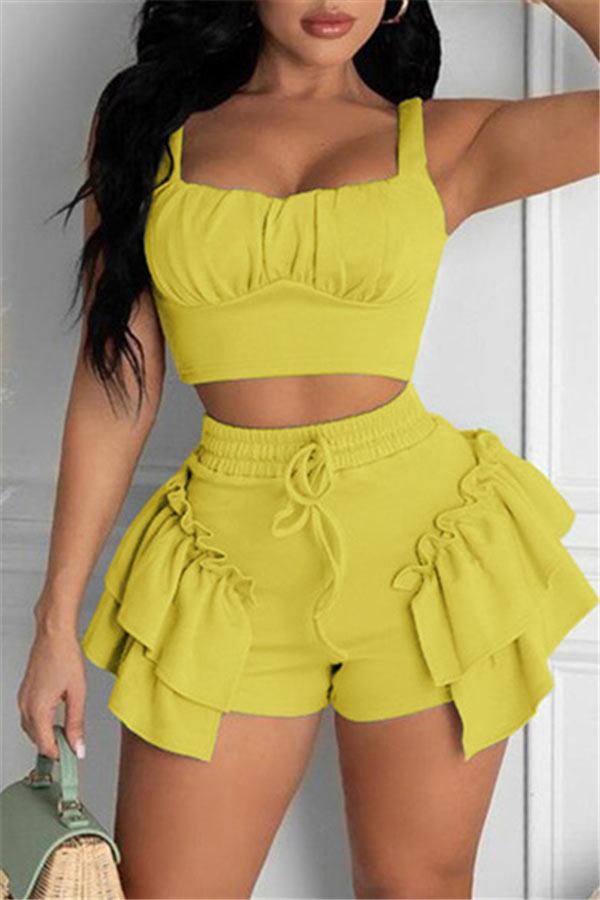 Sexy Solid Color Ruffle Shorts Set