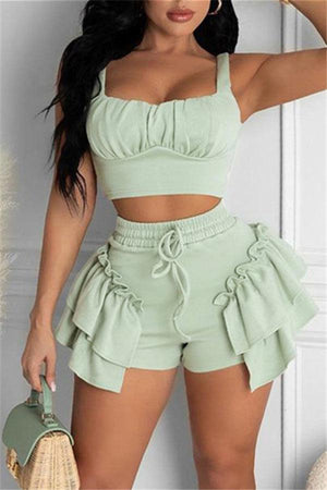 Sexy Solid Color Ruffle Shorts Set