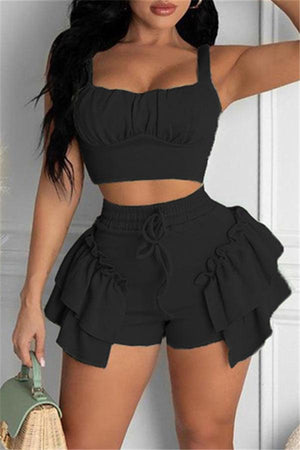 Sexy Solid Color Ruffle Shorts Set