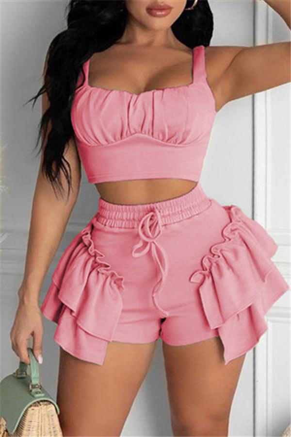 Sexy Solid Color Ruffle Shorts Set