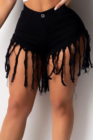 Sexy Solid Color Tassel Denim Shorts