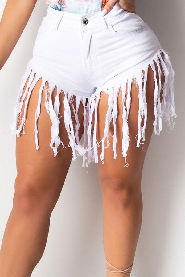 Sexy Solid Color Tassel Denim Shorts