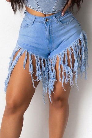Sexy Solid Color Tassel Denim Shorts