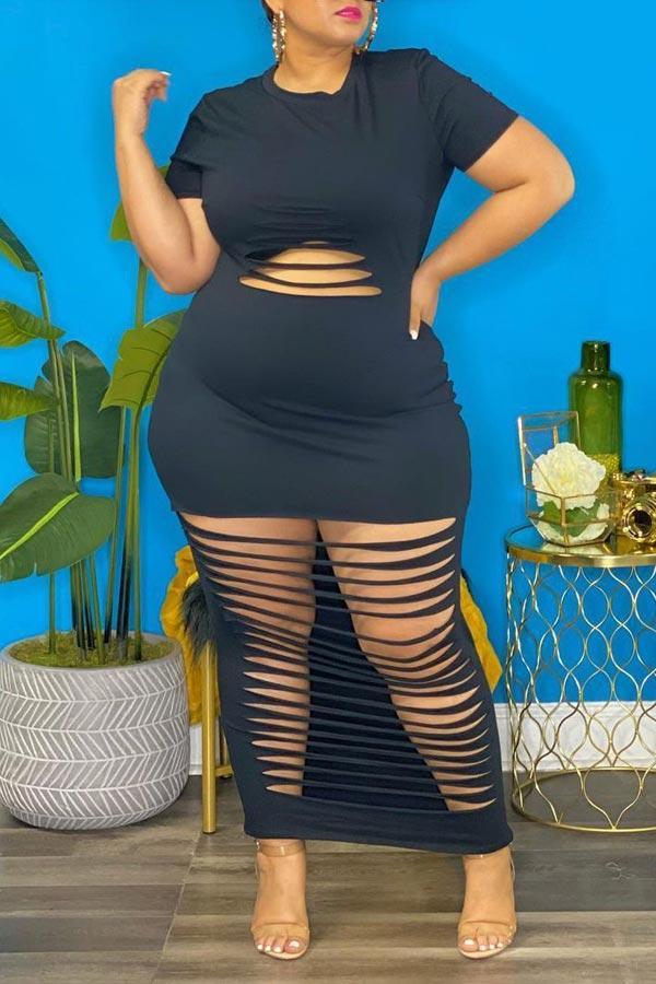 Sexy Solid Hollow Out Plus Size Maxi Dress