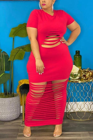 Sexy Solid Hollow Out Plus Size Maxi Dress