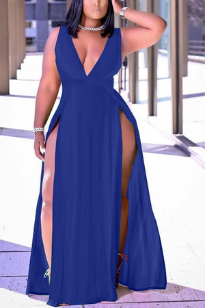 Sexy Solid Sleeveless Deep V Slit Dress