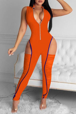 Sexy Split Joint Turndown Collar Skinny Jumpsuits