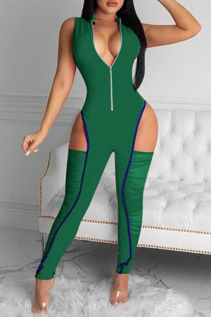 Sexy Split Joint Turndown Collar Skinny Jumpsuits