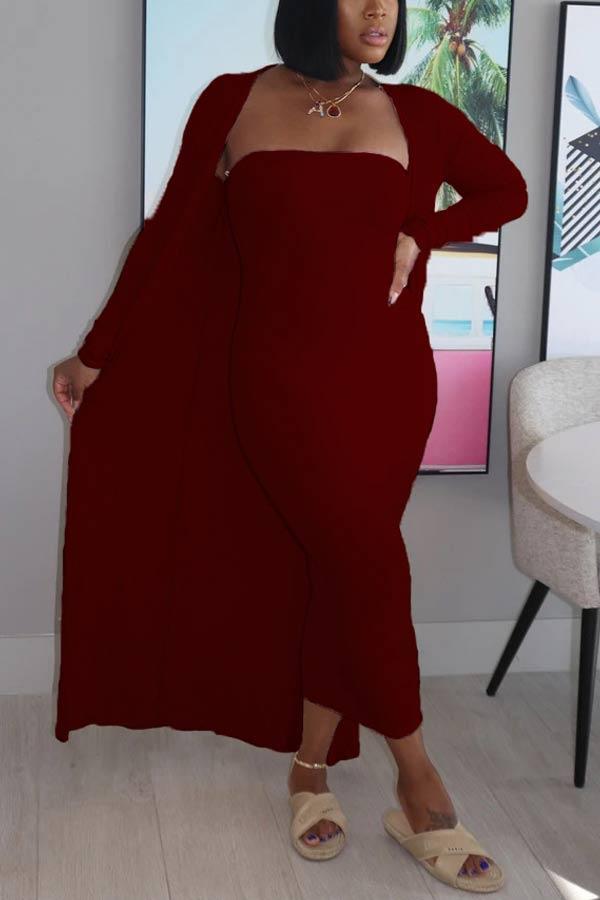 Sexy Tube Top Solid Color Dress Cardigan Set