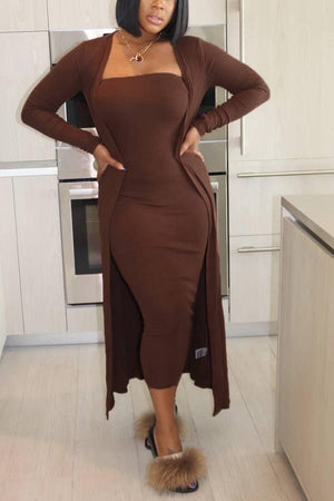 Sexy Tube Top Solid Color Dress Cardigan Set