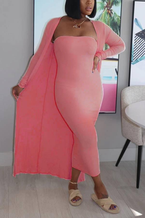 Sexy Tube Top Solid Color Dress Cardigan Set
