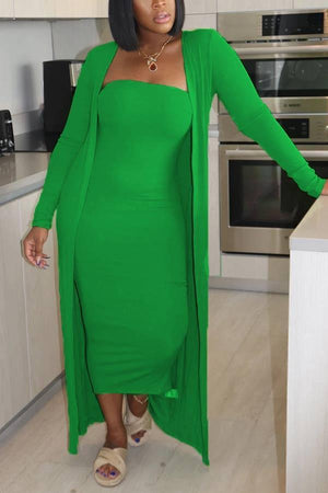 Sexy Tube Top Solid Color Dress Cardigan Set