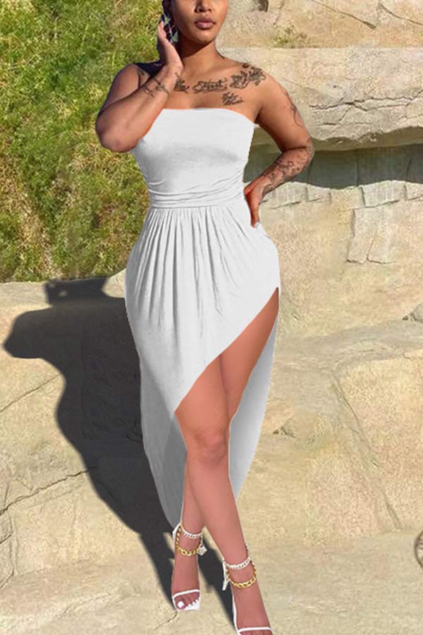 Sexy Tube Top Solid Color Irregular Dress